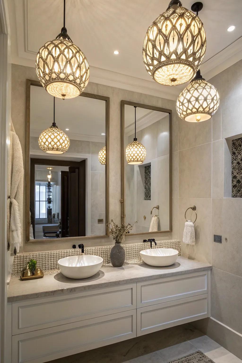 Sculptural fixtures add artistic flair to bathroom lighting.