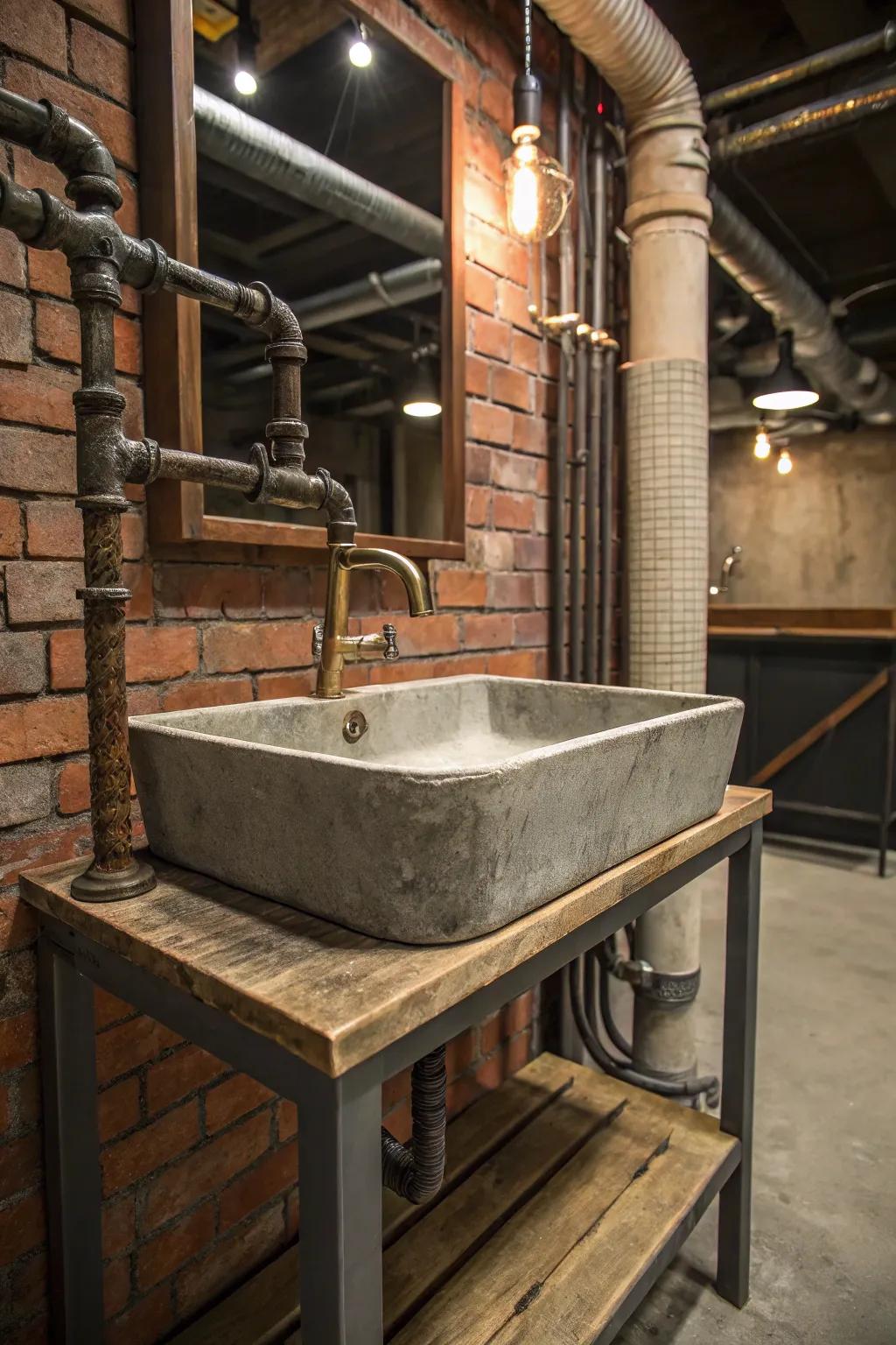 An industrial sink offers a bold, contemporary bathroom edge.