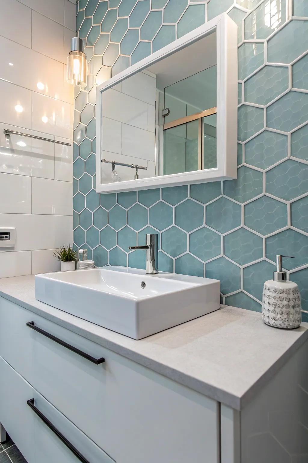 Hexagonal tiles impart distinctive geometric charm.