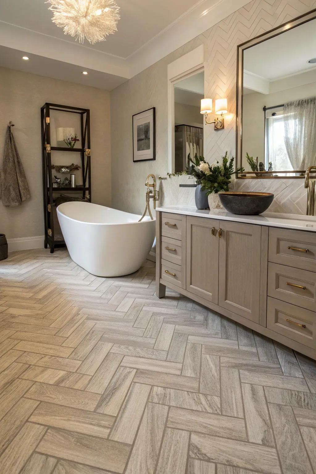 Herringbone durable flooring introduces elegance and sophistication to this bathroom.