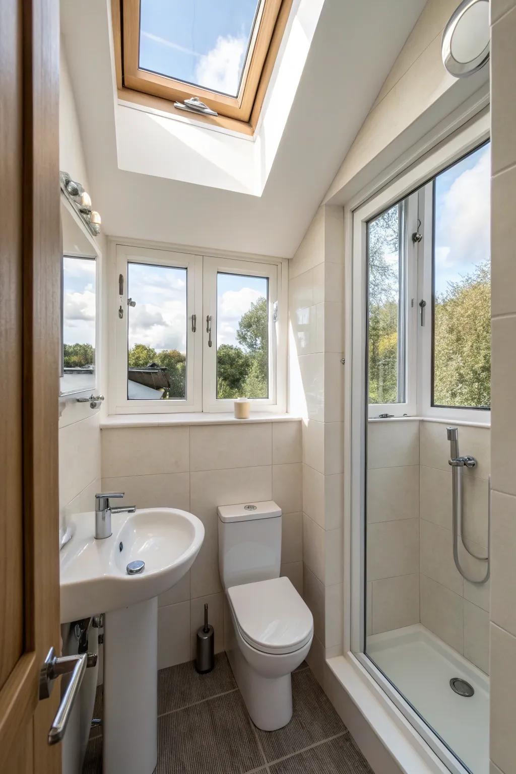 Slimline windows maximizing light in a compact bathroom space.