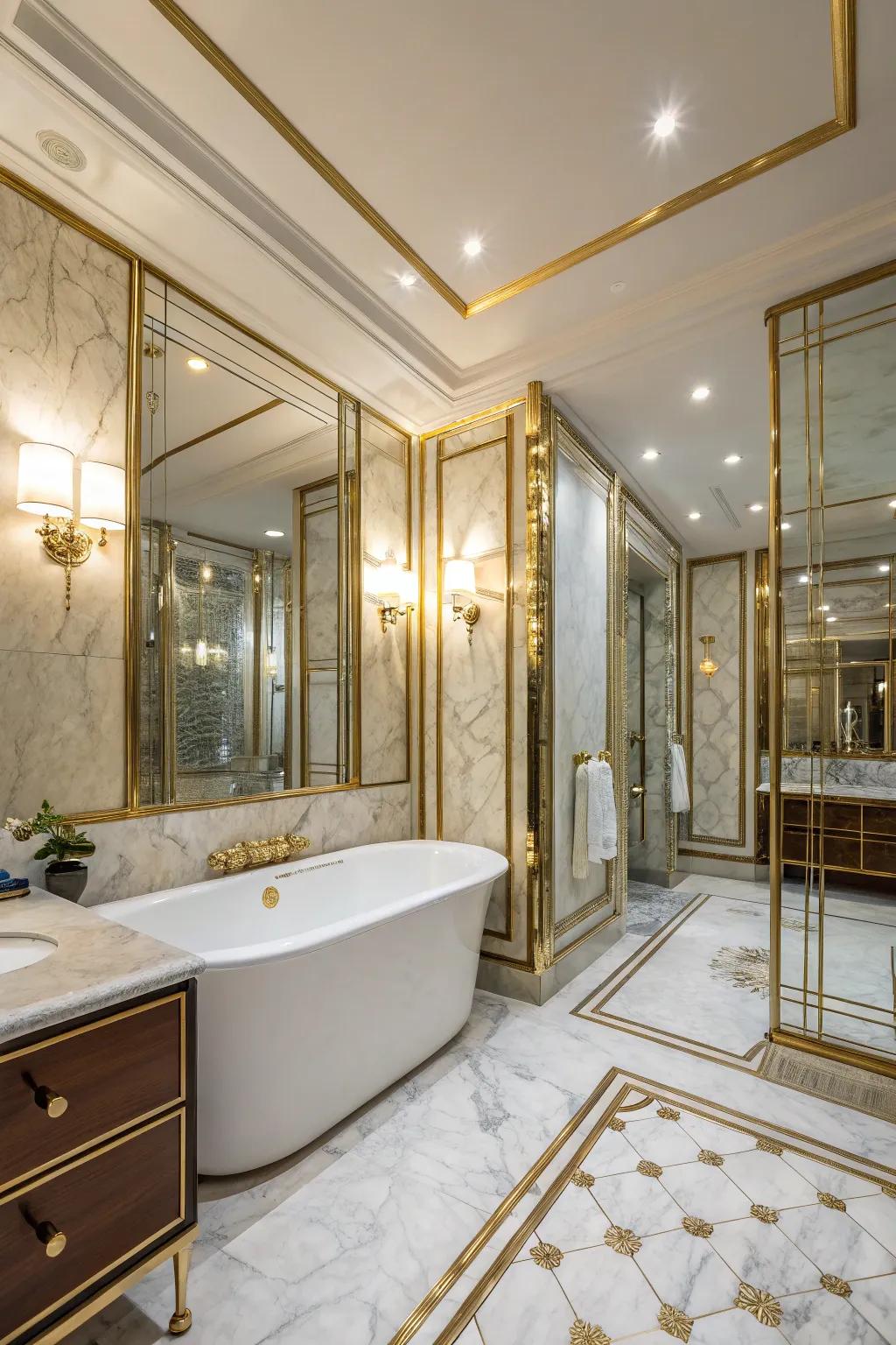 Mirrored partitions conjure the semblance of a more capacious bathroom.