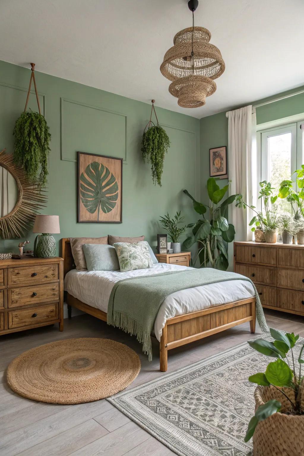 A peaceful bedroom with sage green walls that offer a subtle connection to nature.