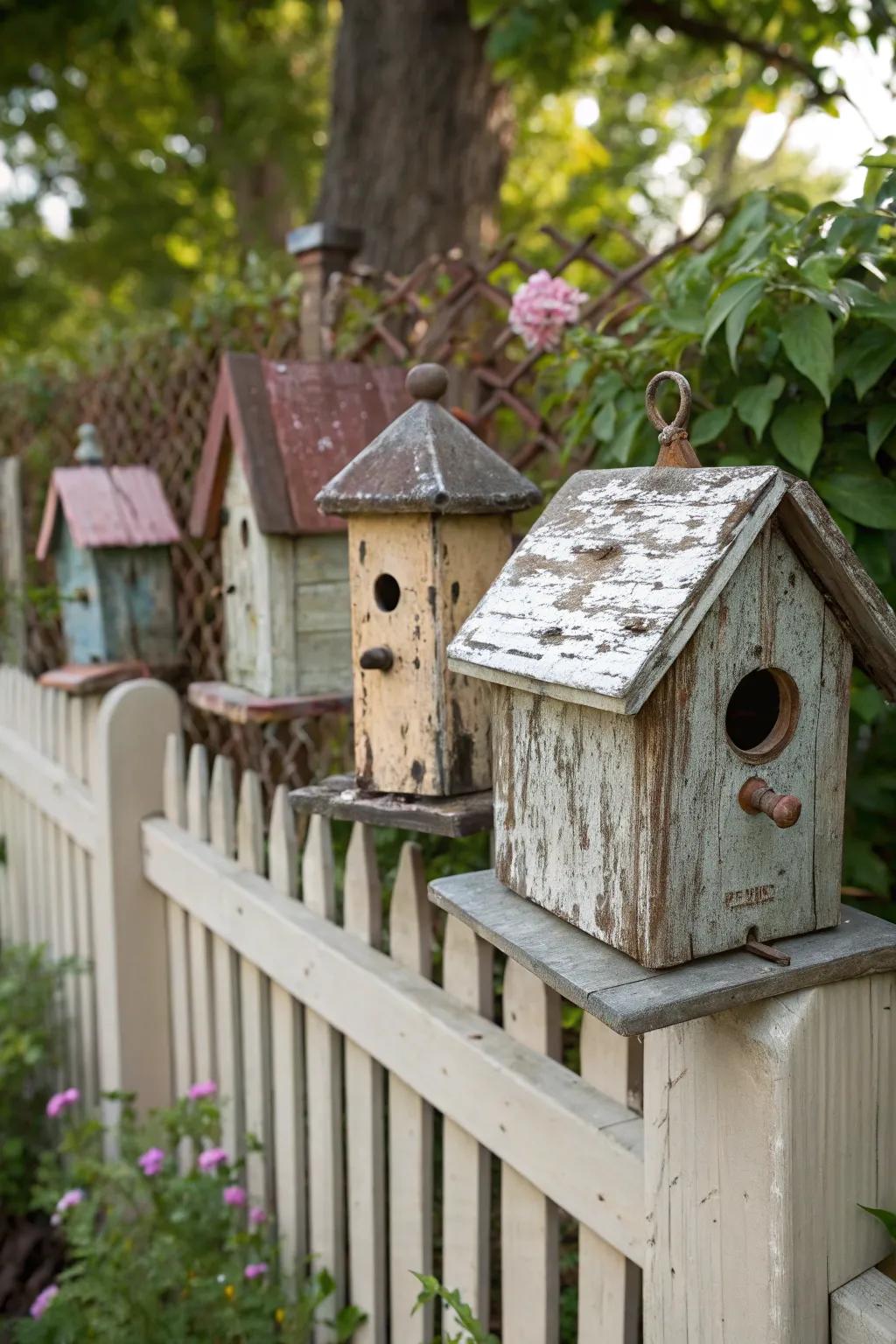 Vintage birdhouses add a nostalgic and charming touch to the fence.