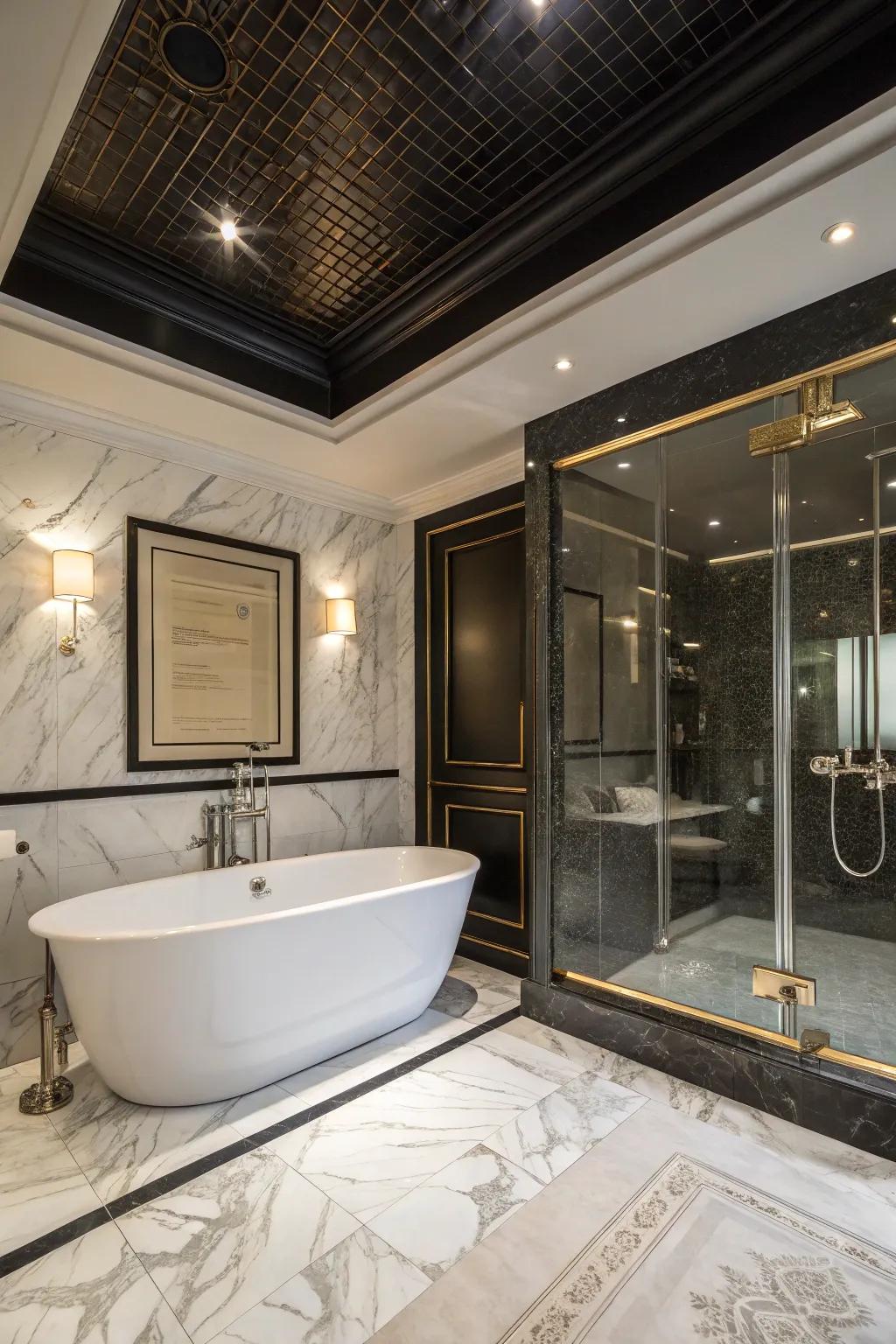 A spa-like bathroom where a black ceiling adds luxury.