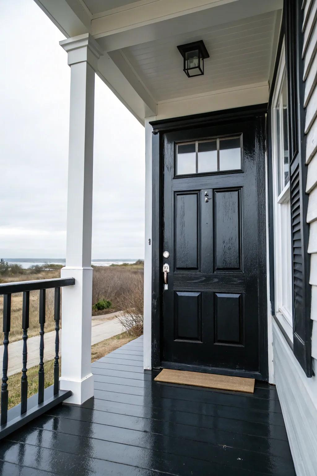A freshly painted striking dark door transforming a dark porch.