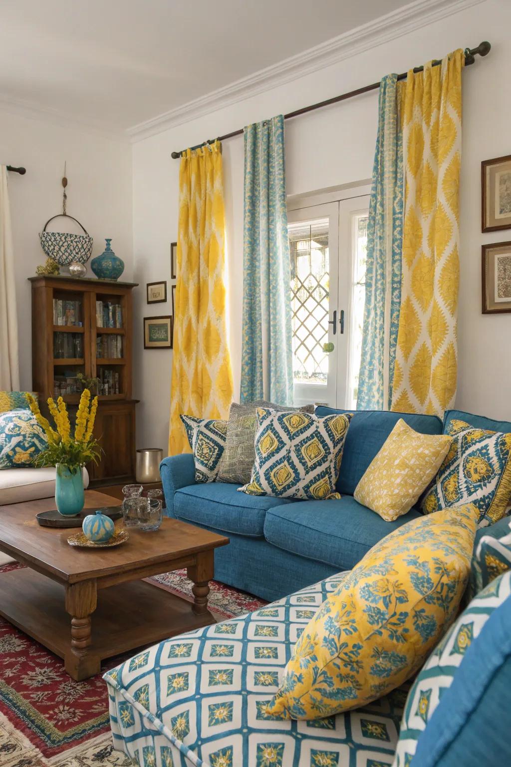 A medley of azure and amber patterned fabrics injecting dynamism into the atmosphere.