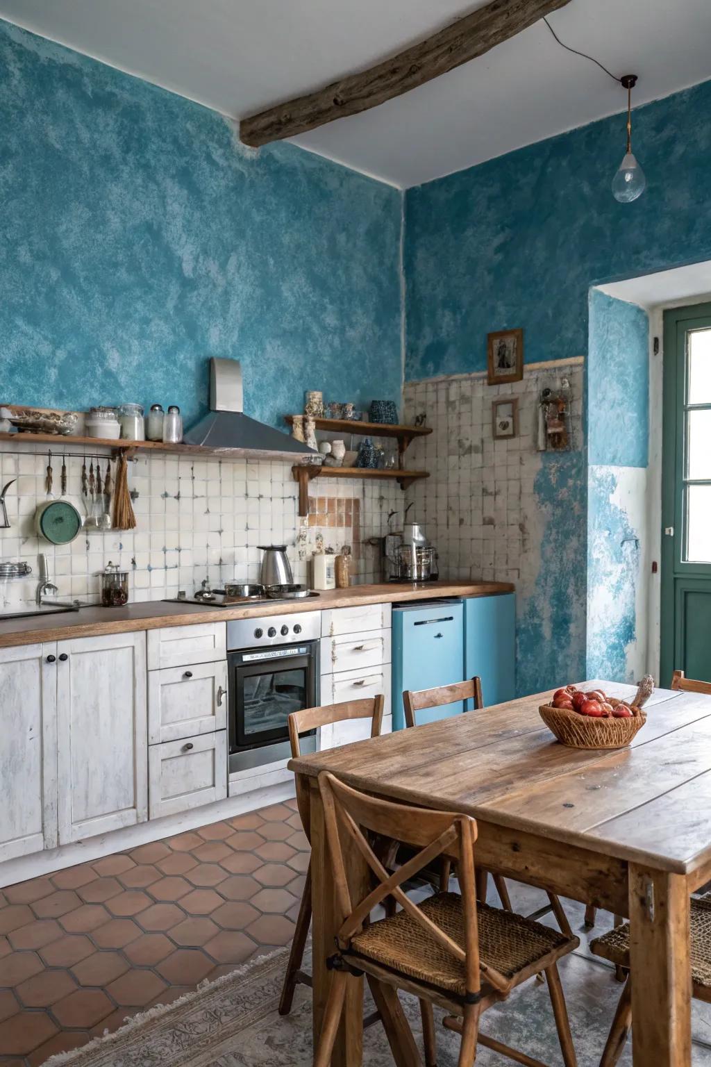 Textured blue walls add dimension to this kitchen.