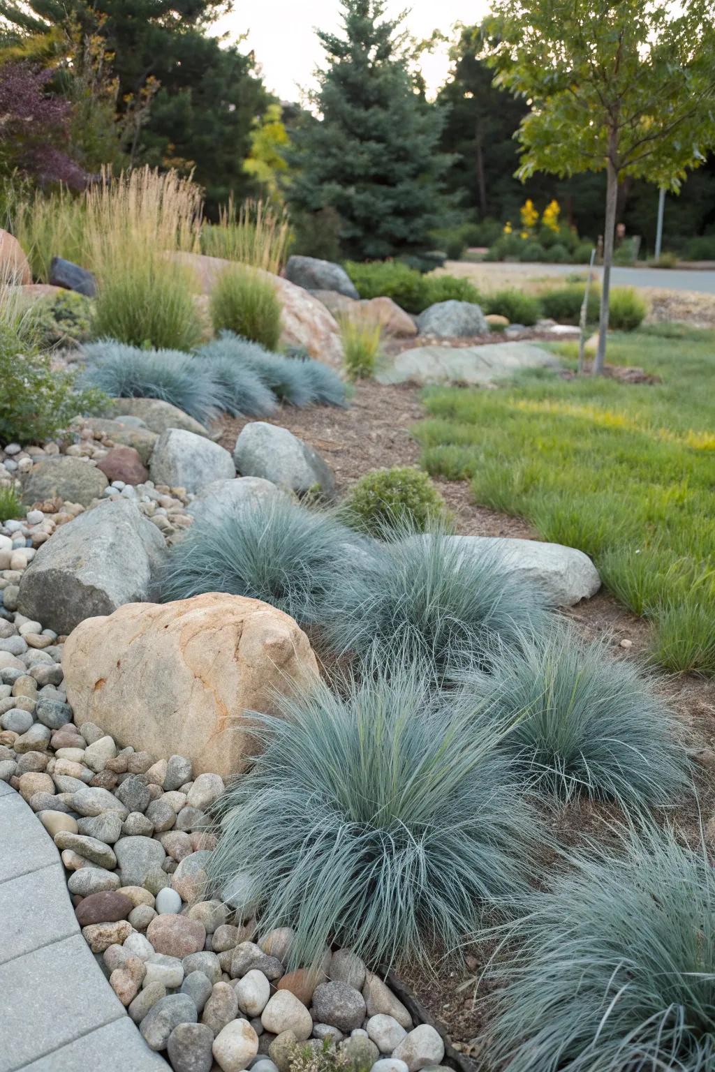 Azure Turf softens the edges of a rock garden beautifully.
