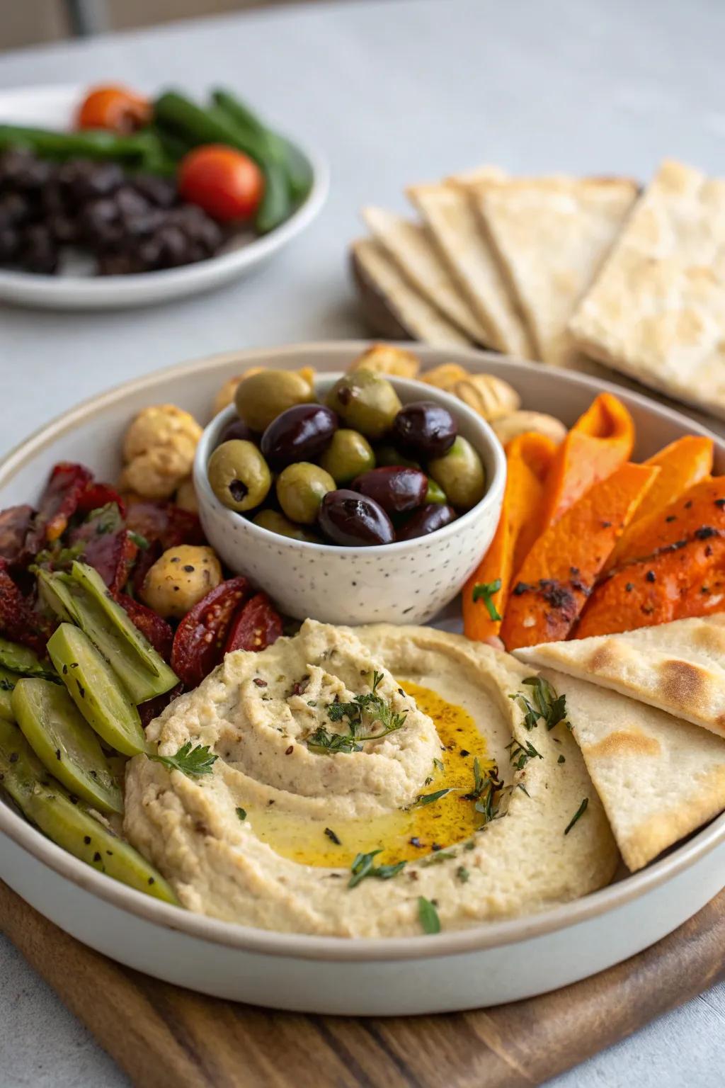 A flavorful Mediterranean mezze platter for brunch explorers.