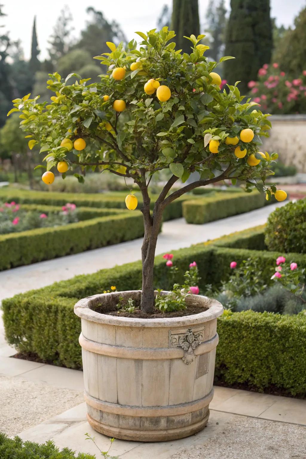 A dwarf lemon tree thriving in a bucket, offering fresh fruit.