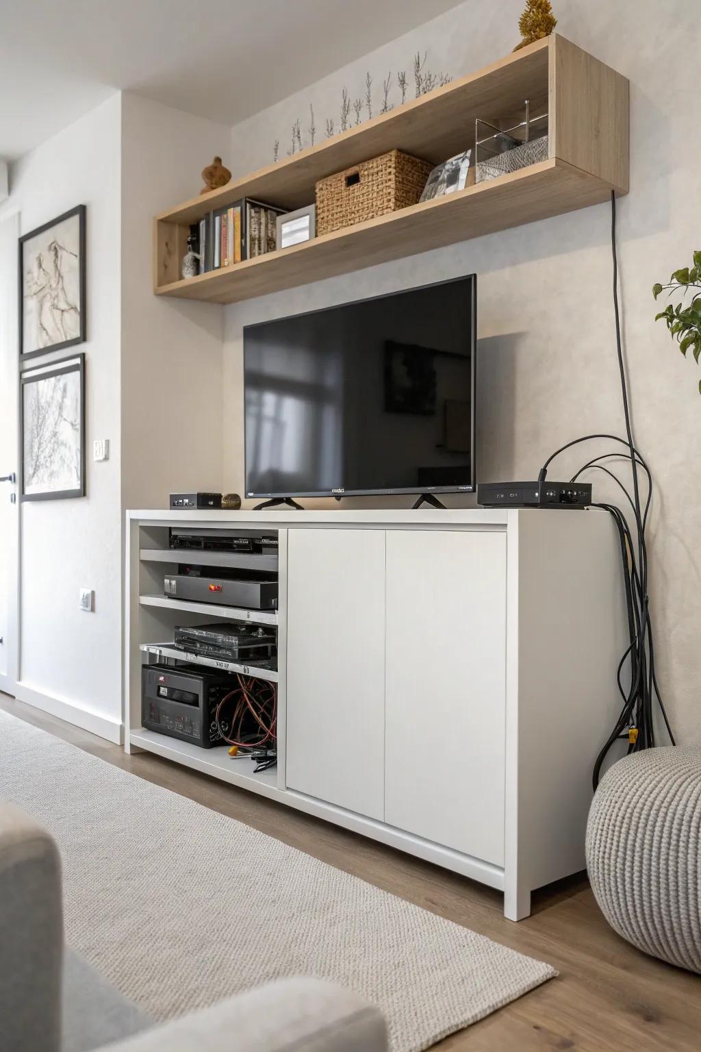Cables are kept arranged and hidden in a cabinet.