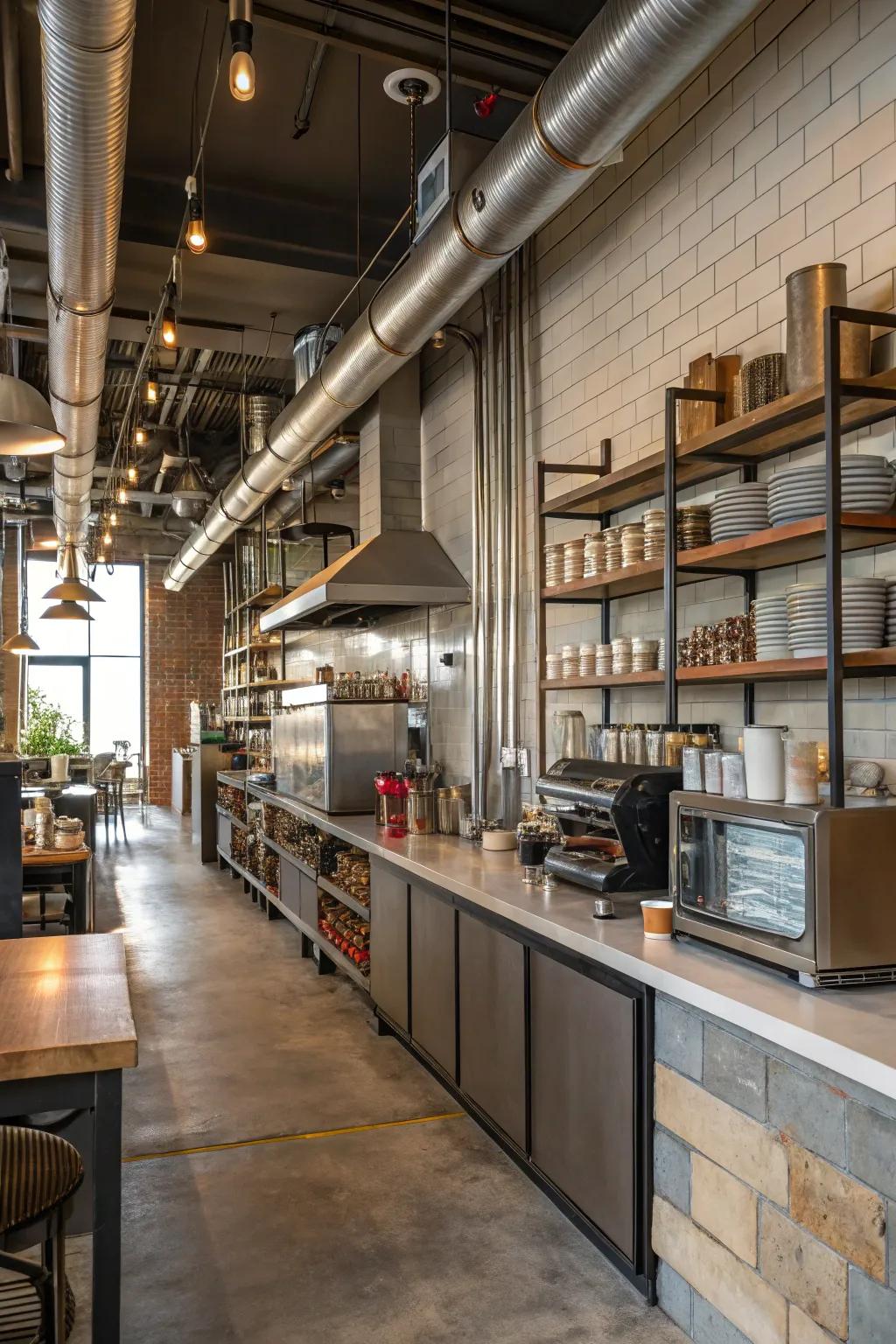 Industrial elements adding a modern edge to a cafe kitchen.