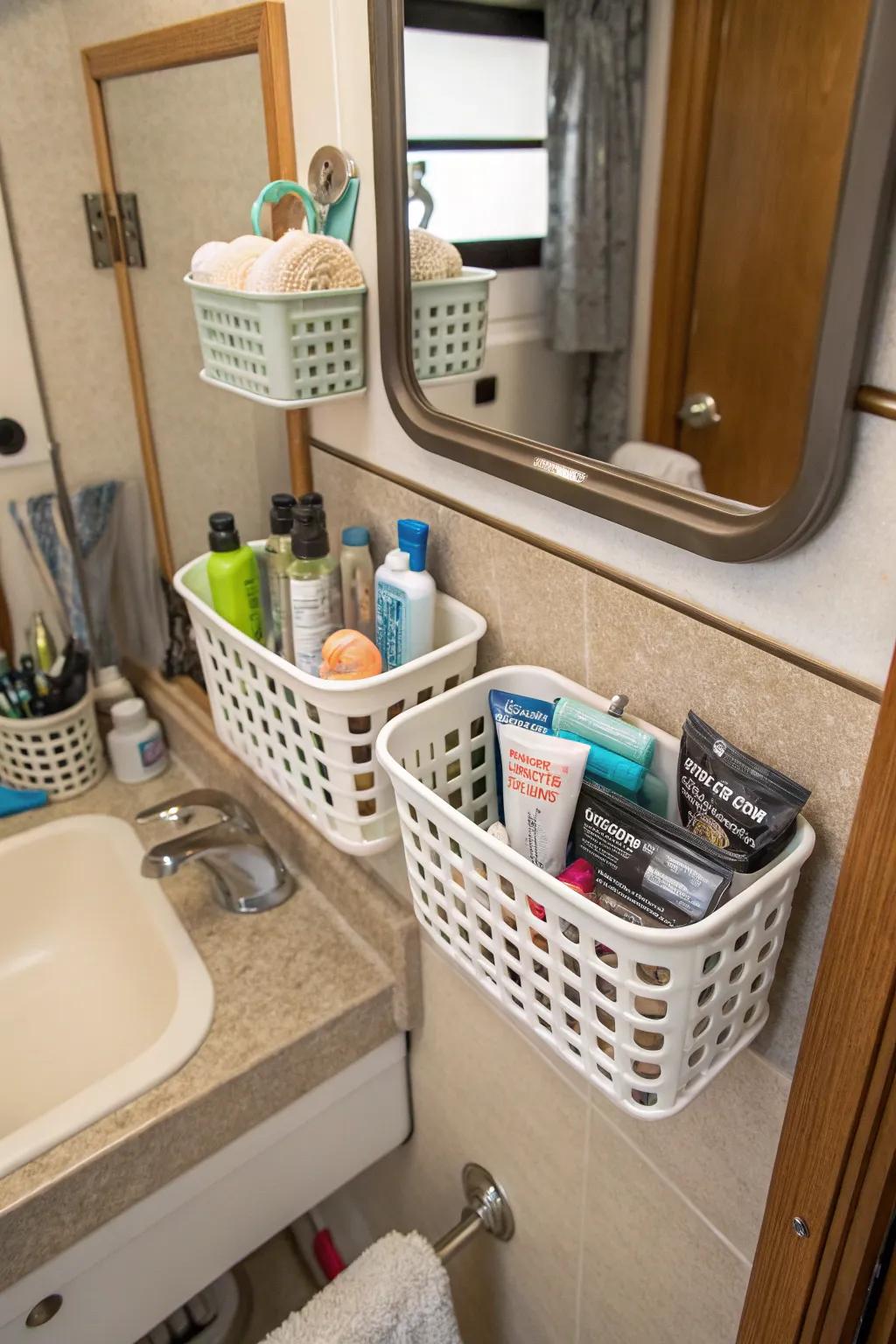Suction cup baskets adding storage without permanent fixtures.