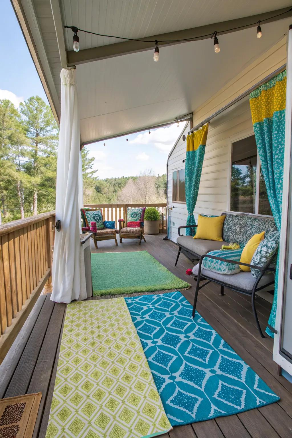 Outdoor rugs adding comfort and style to the porch.