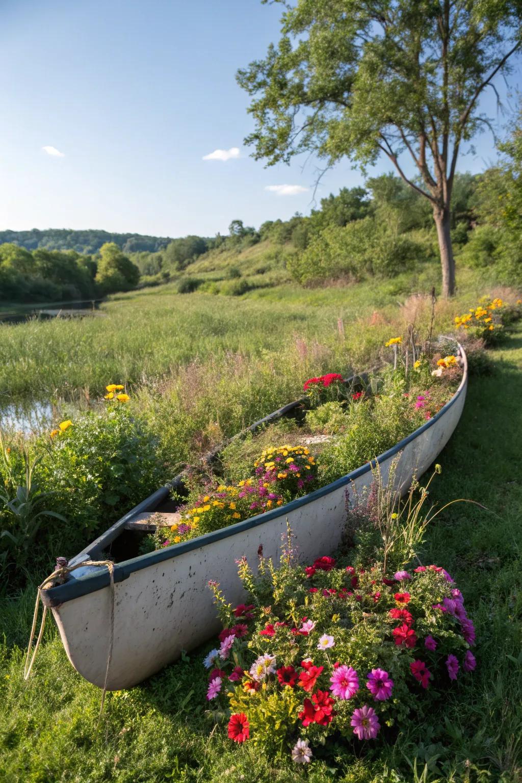 Wildflowers in a canoe planter create a meadow-like charm.