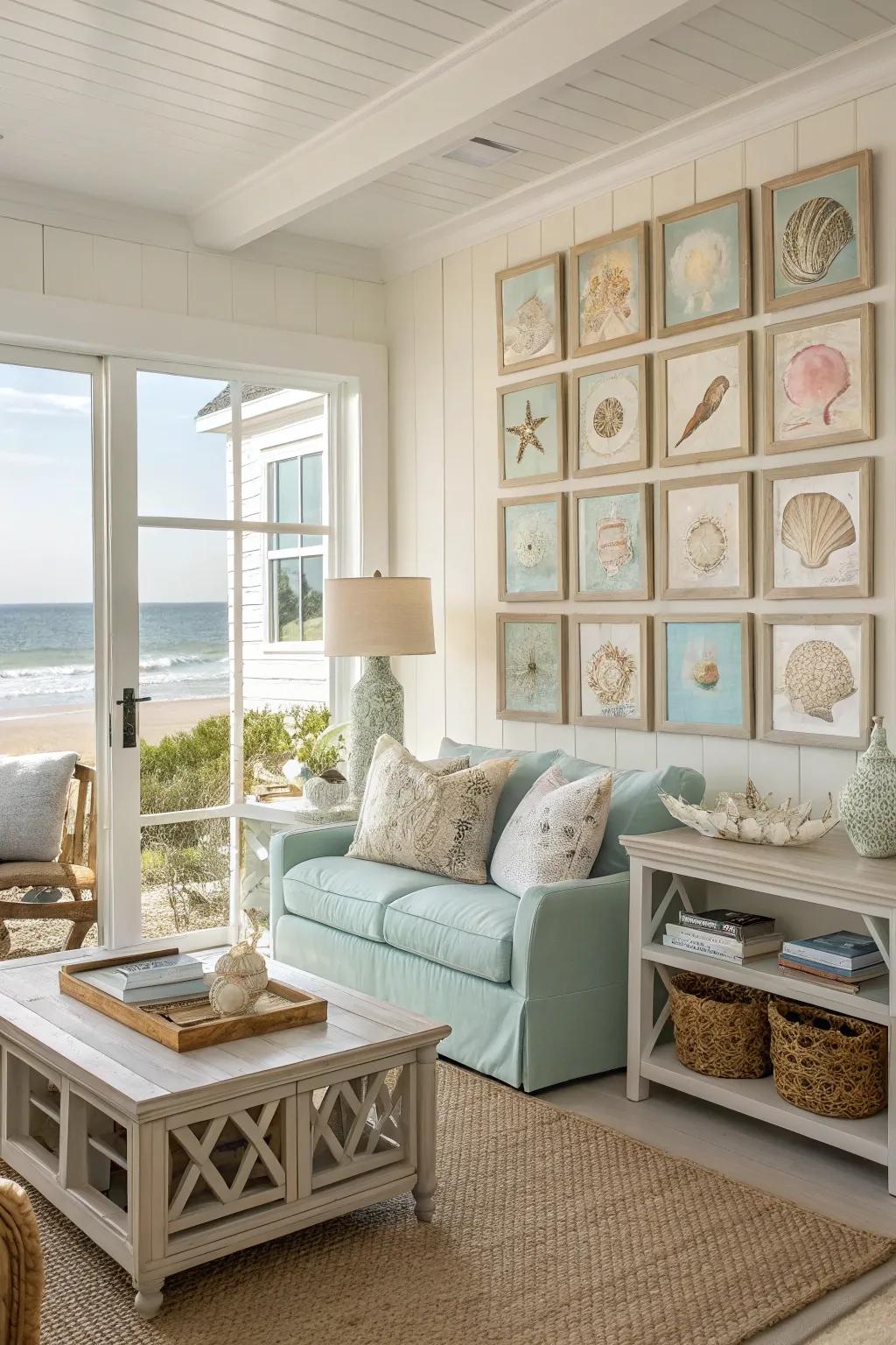 Seashell art creates a relaxed and beachy atmosphere.