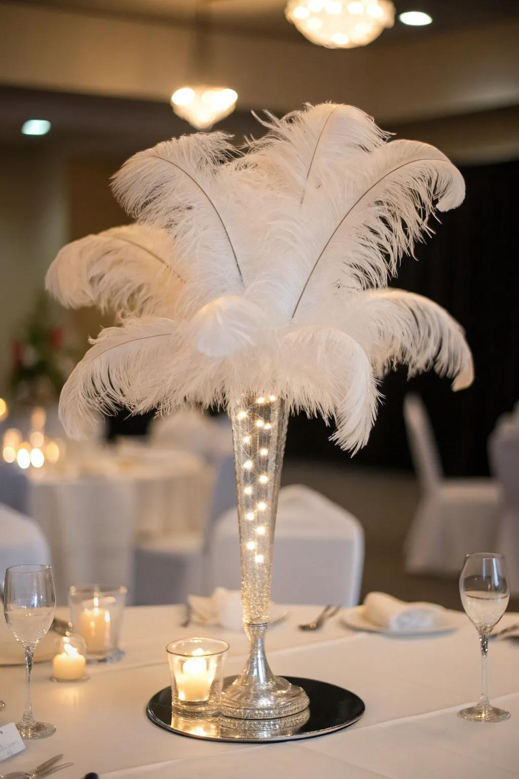 Chic centerpiece with trendy feather accents.