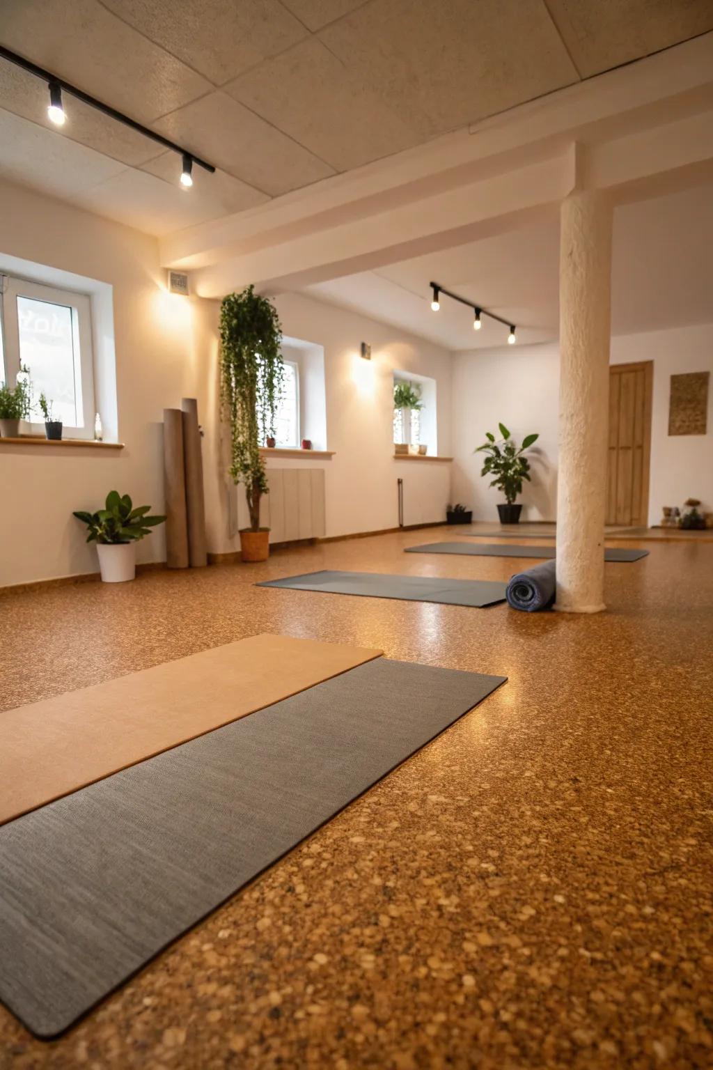 Bark flooring provides a soft and eco-friendly option for basement wellness spaces.