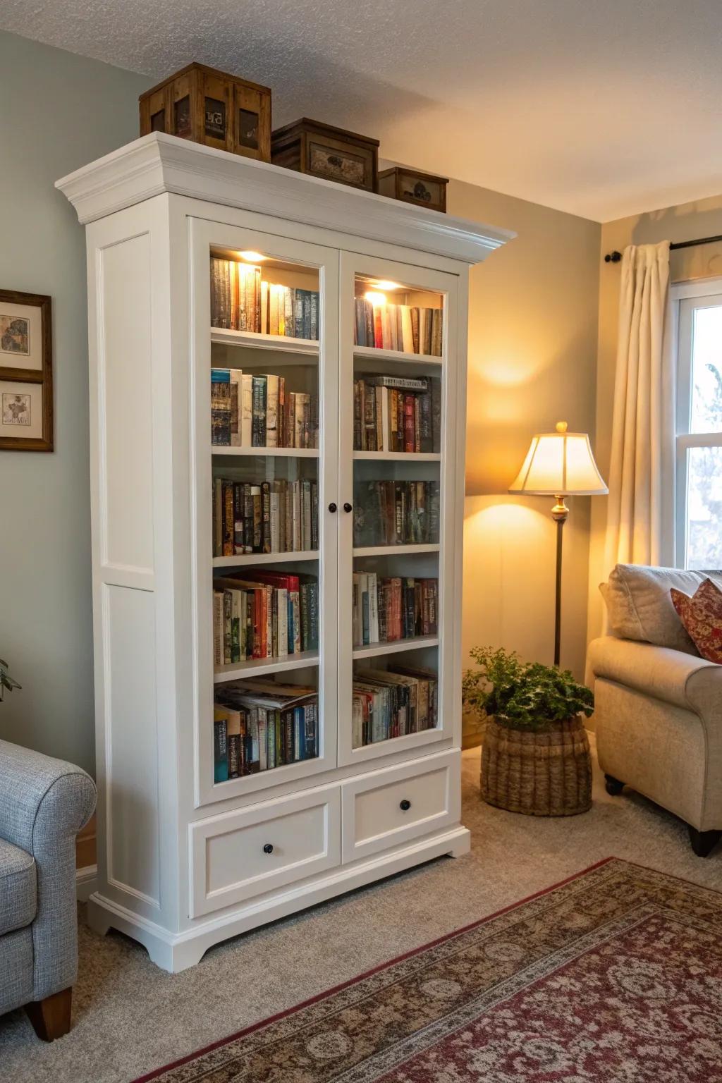 Display case turned into an attractive and unique bookshelf.