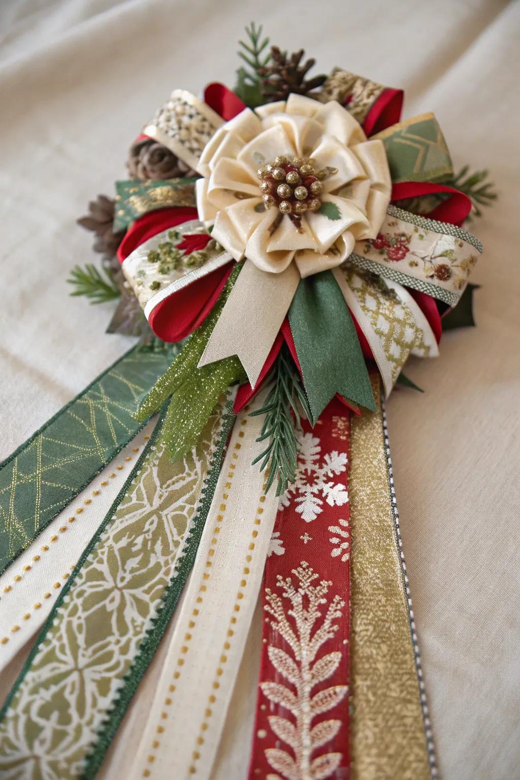 A romantic Christmas corsage with layered ribbons.