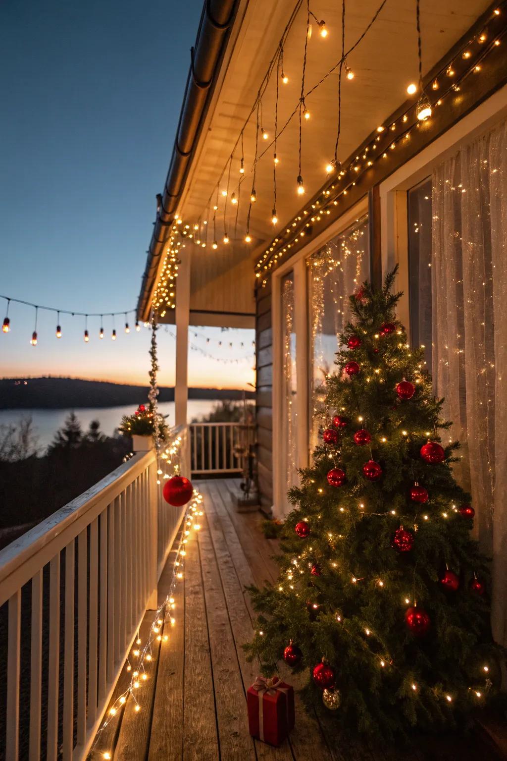 A cozy balcony adorned with warm Christmas string lights.