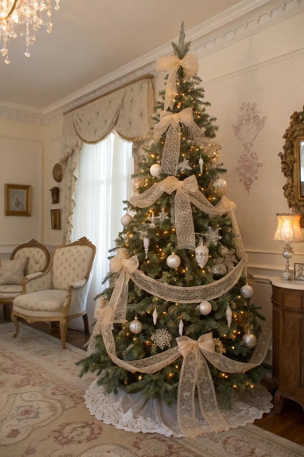 Edwardian elegance fashions a timeless and graceful Christmas tree theme.