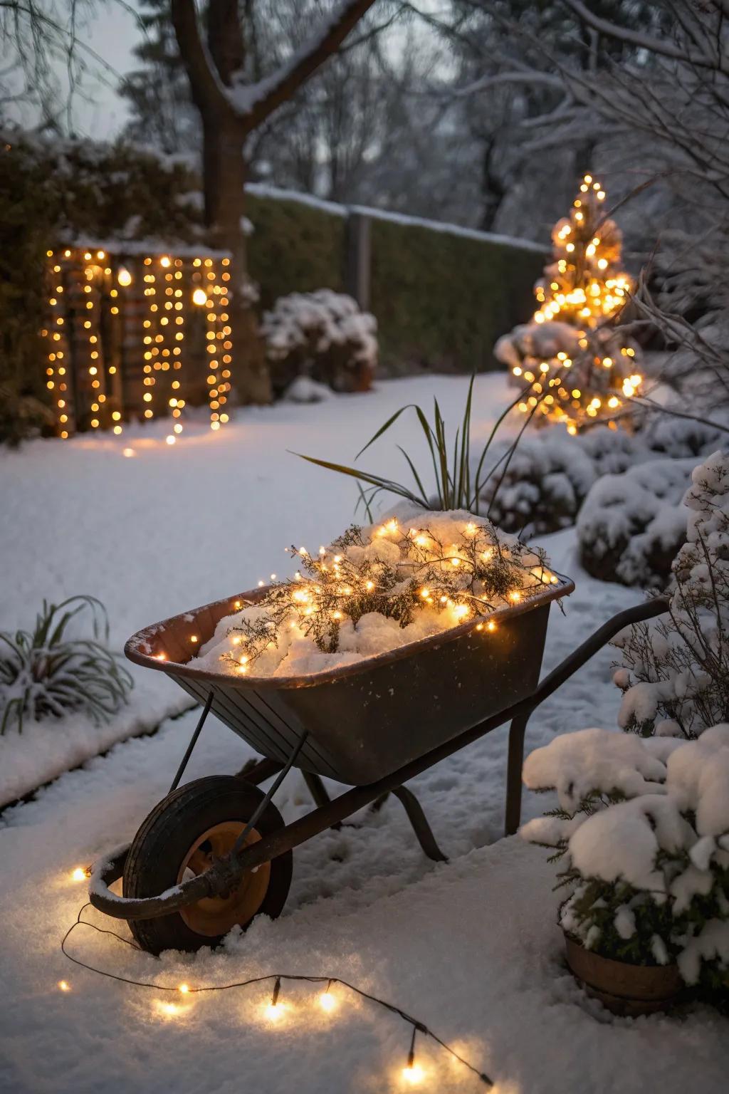 A glowing wheelbarrow brightens up the night with holiday lights.