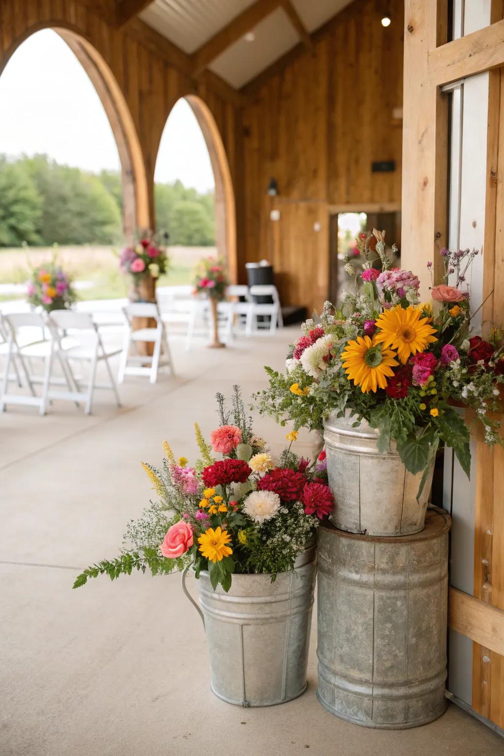 Galvanized buckets filled with flowers add a farm-fresh touch.