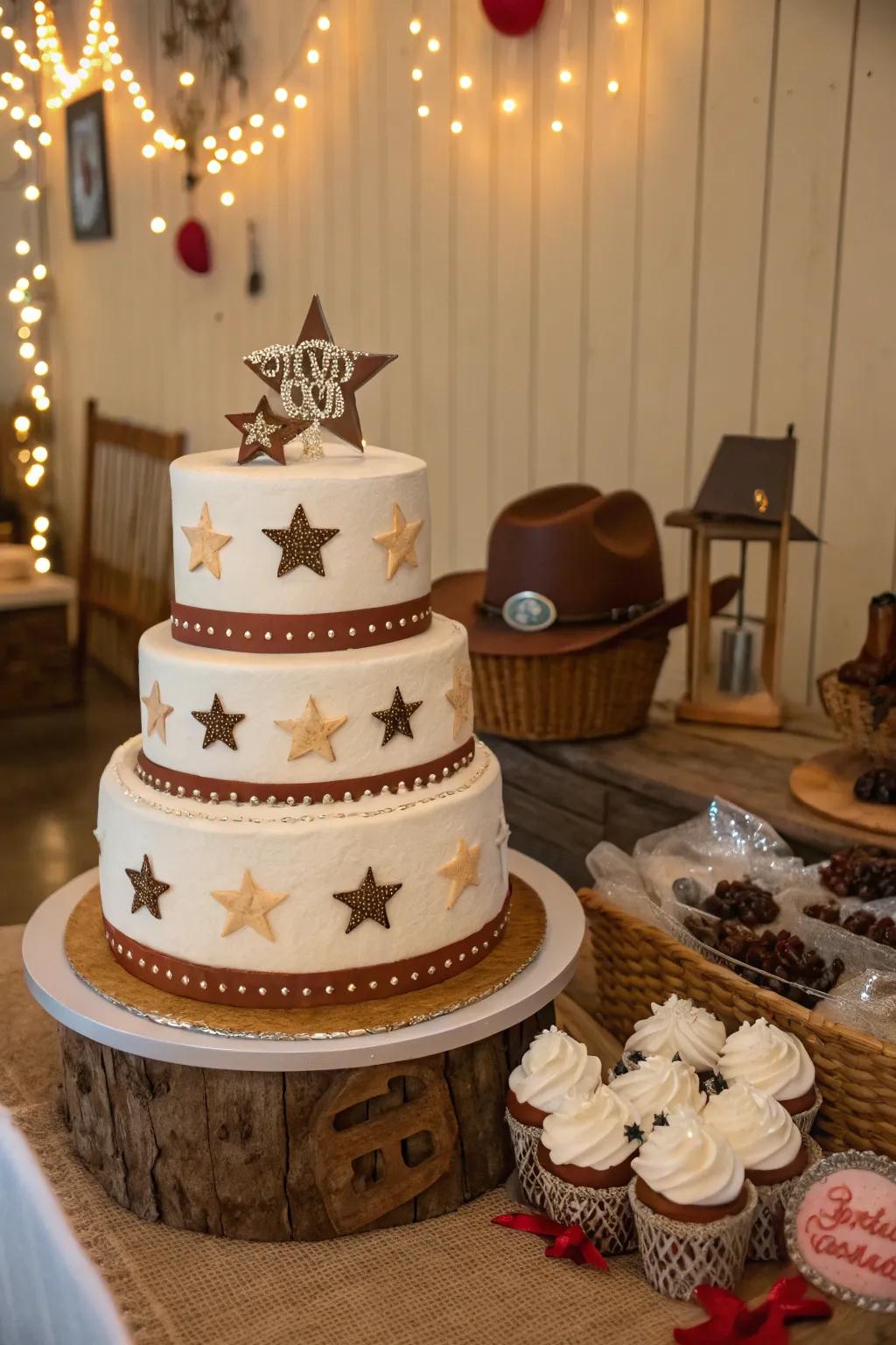 Western star accents append shimmer and charm to this cowgirl baby shower cake, making it a dazzling centerpiece.