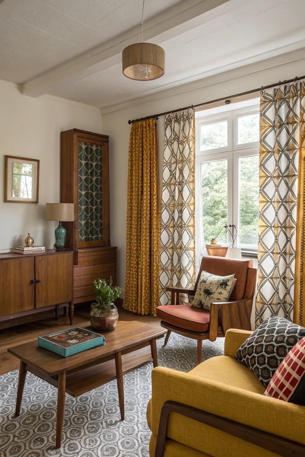 Geometric designs add retro charm.