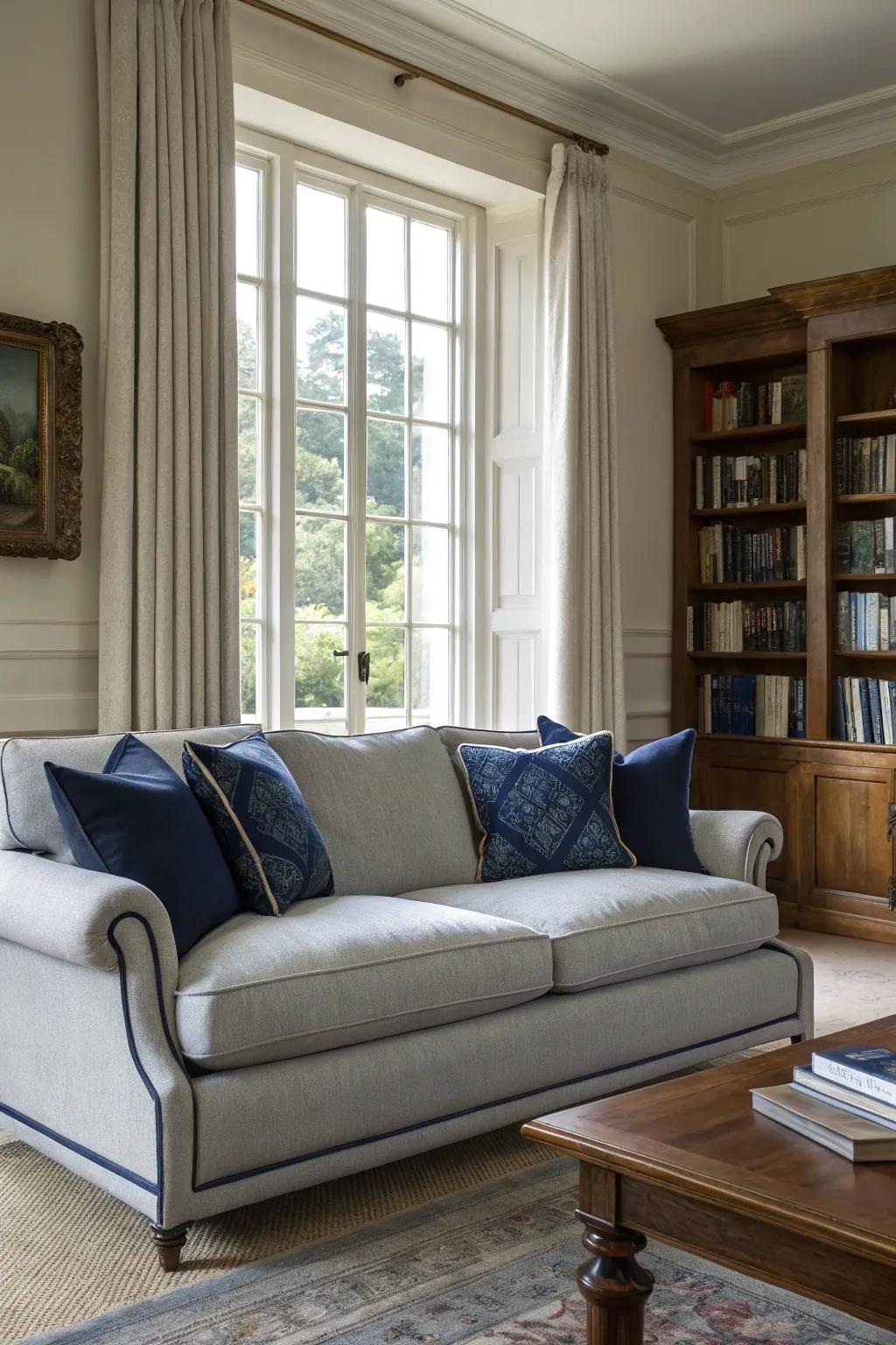 Sea blue pillows elevate a charcoal sofa using traditional elegance.