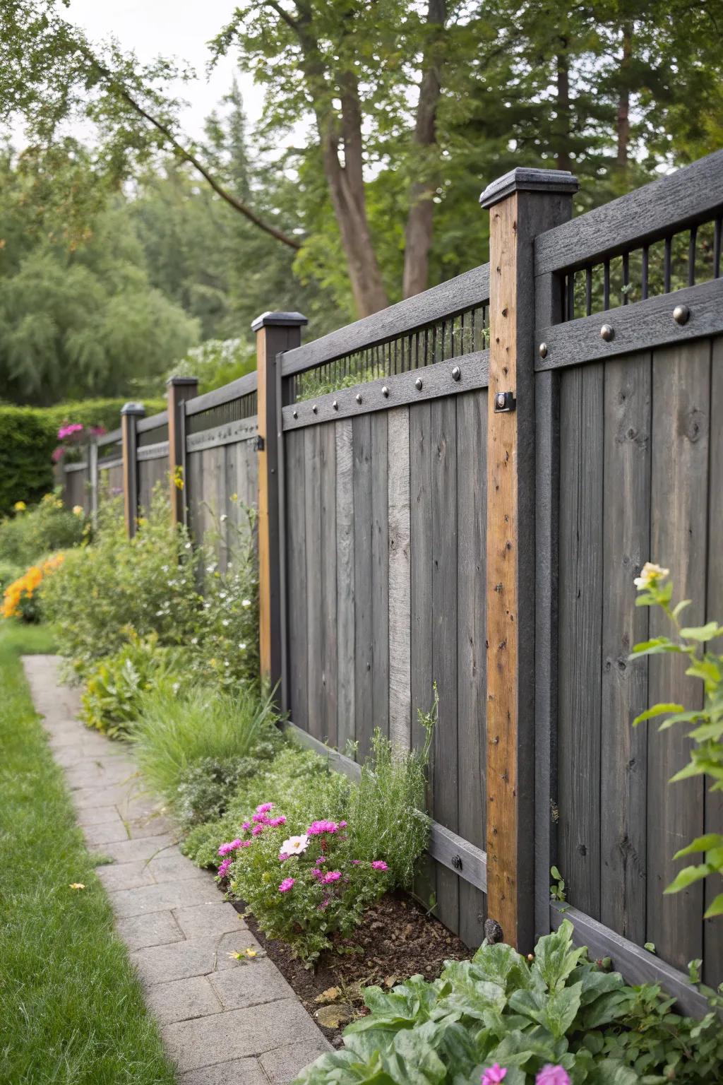 A textured garden look with a deep charcoal barrier featuring mixed materials like wood and metal.