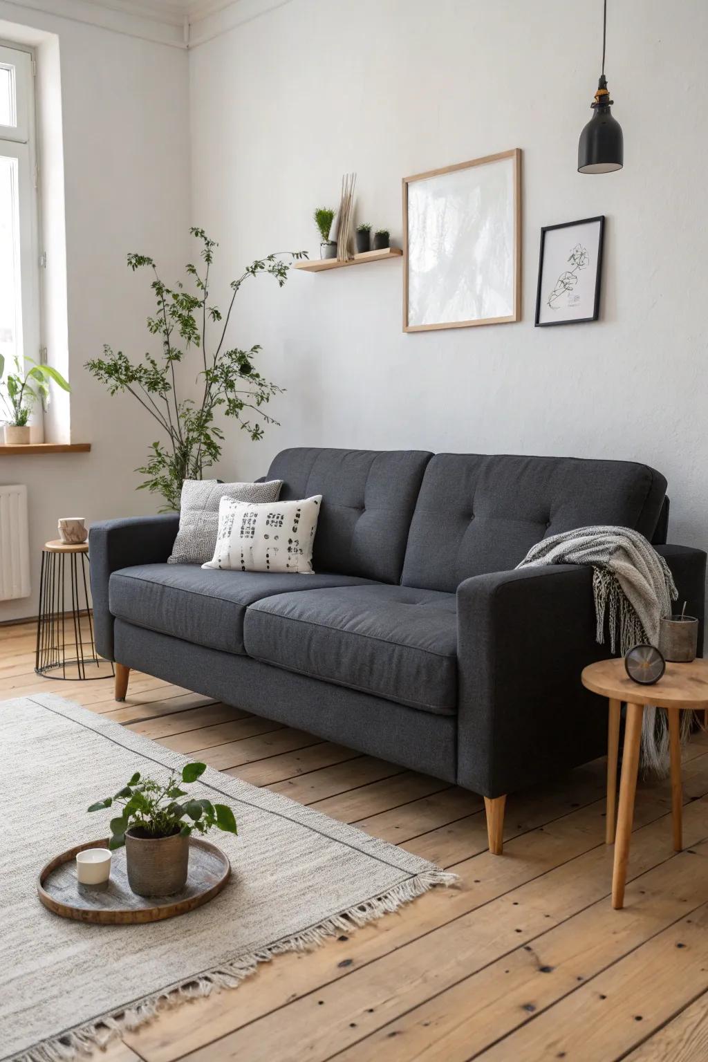 Scandinavian simplicity enhances the elegance of a grey sofa.