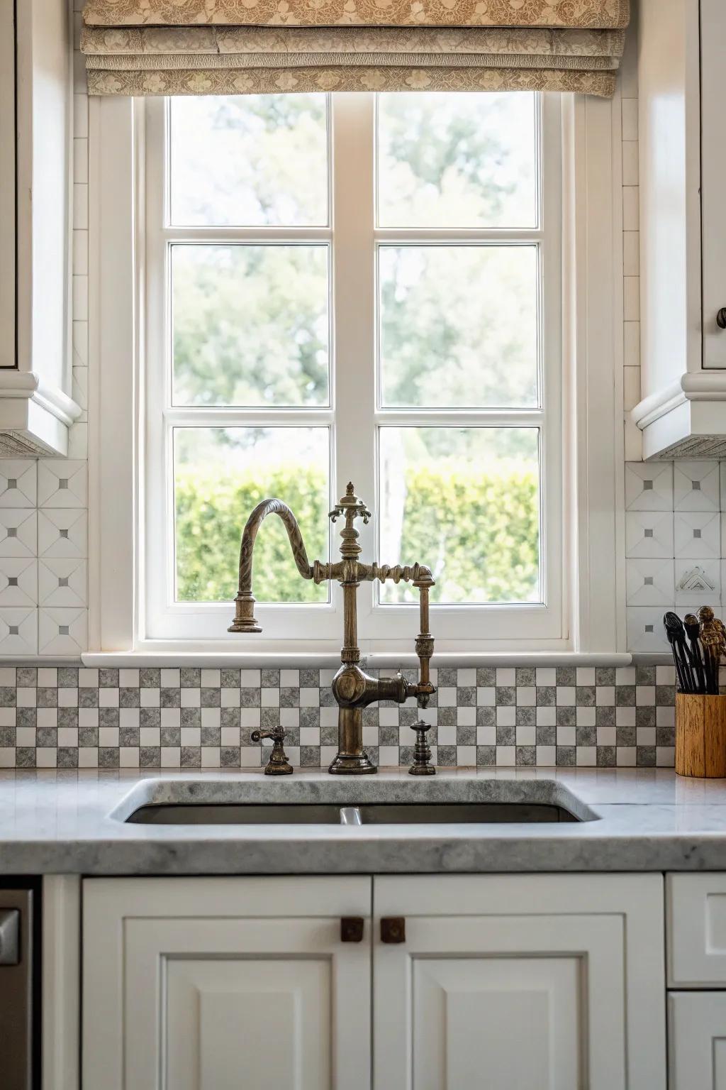 A vintage faucet introduces character and focus.