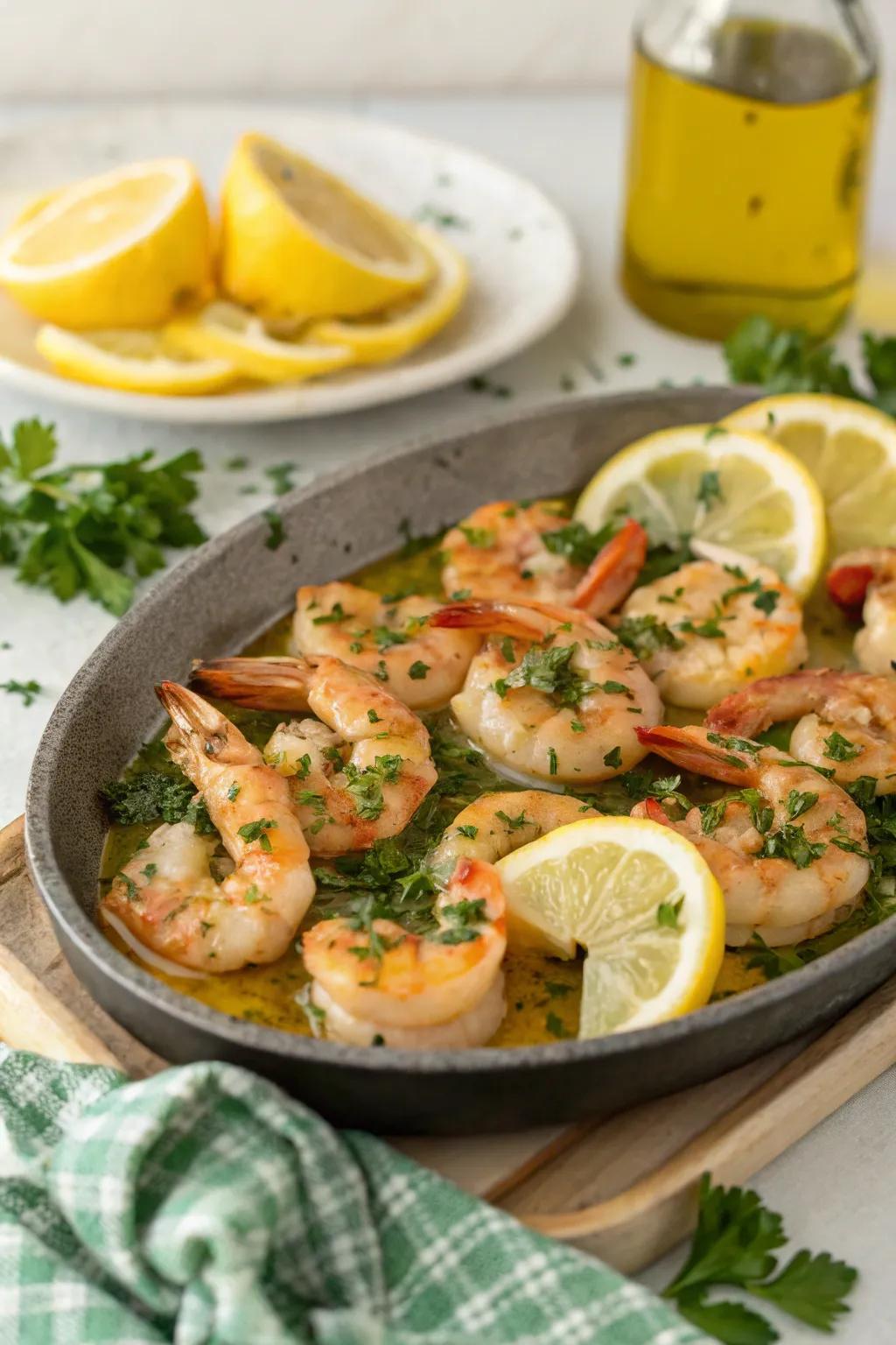 Sizzling garlic butter shrimp with parsley and lemon, a quick and flavorful dish.