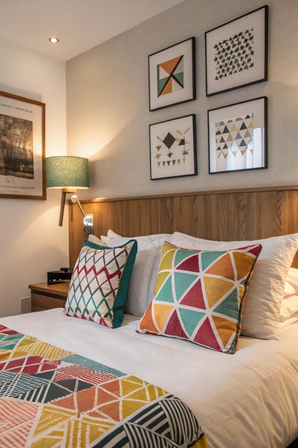 Geometric patterns provide a modern touch to the striking bedroom.