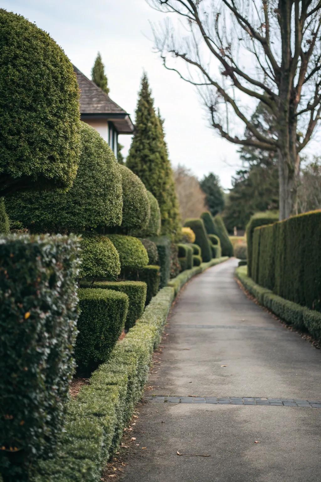 Layered hedges injecting profundity and intrigue into a driveway landscape.