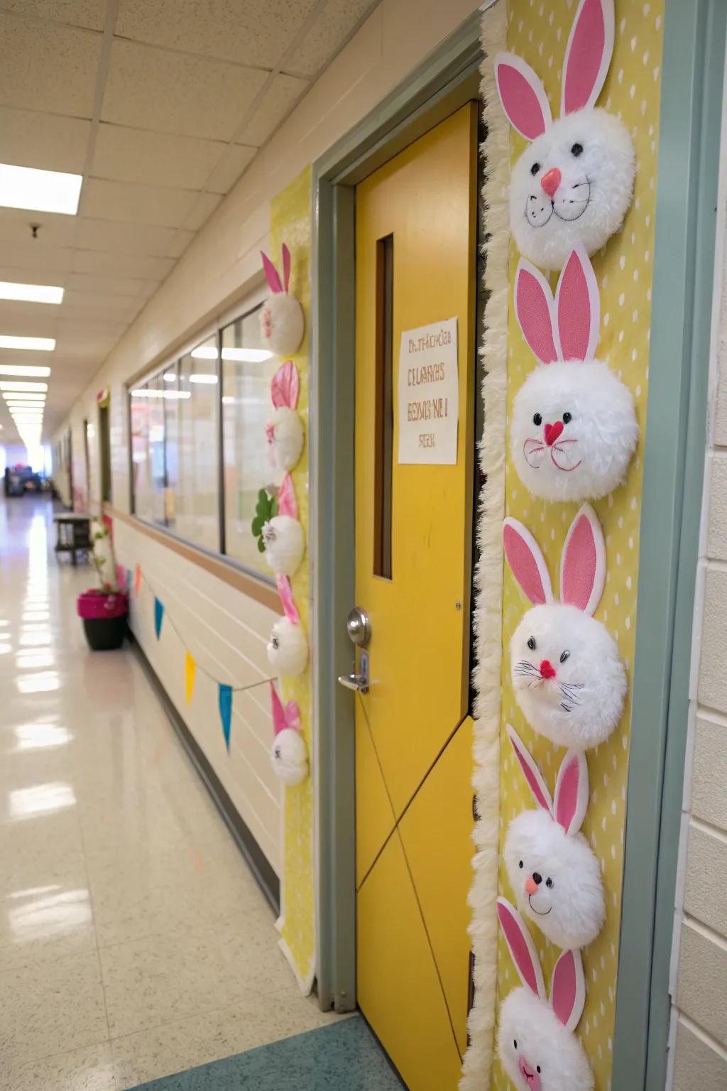 Fluffy bunnies charm their way onto this classroom door, adding a playful spring touch.