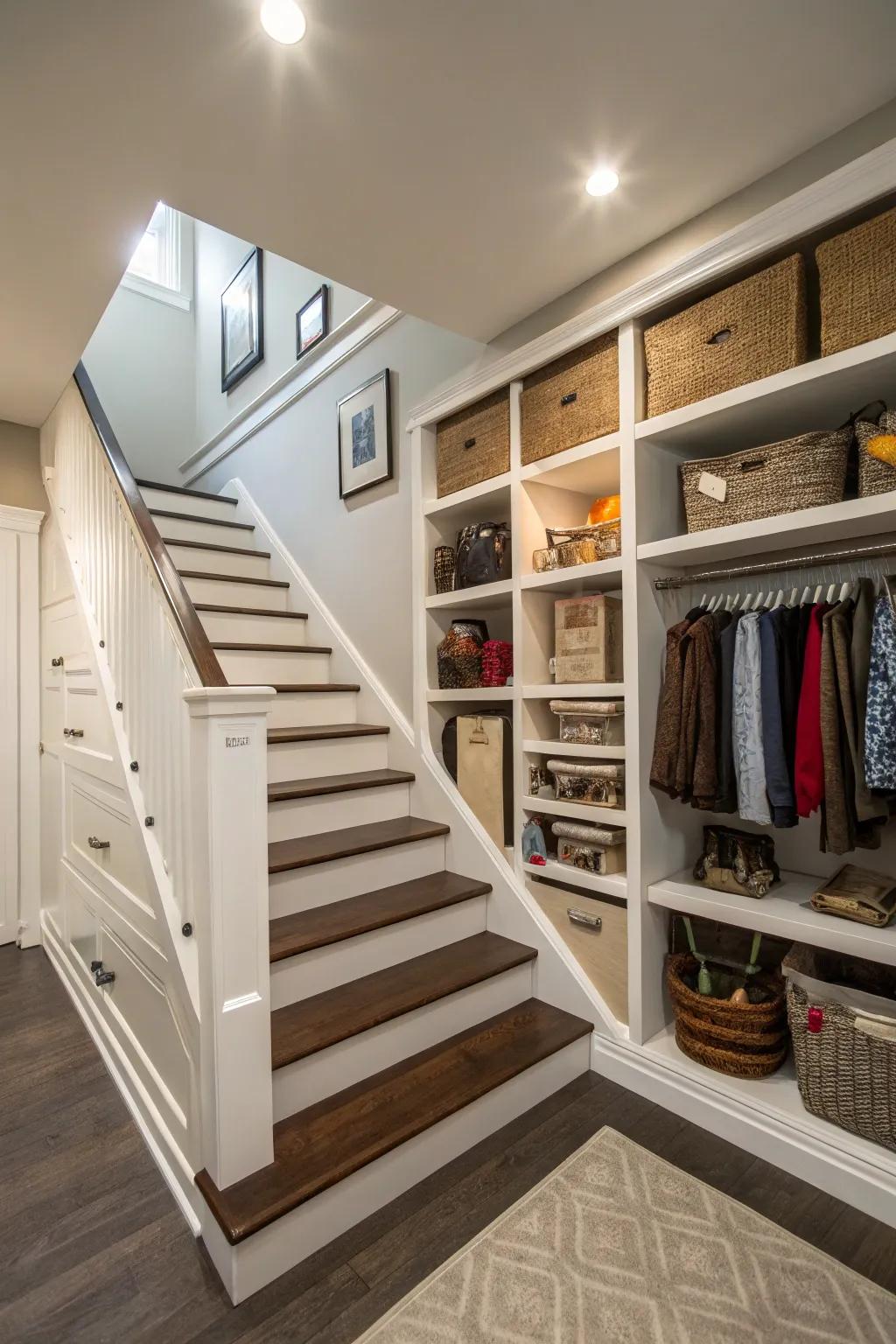 Smart storage solutions make stairways functional.