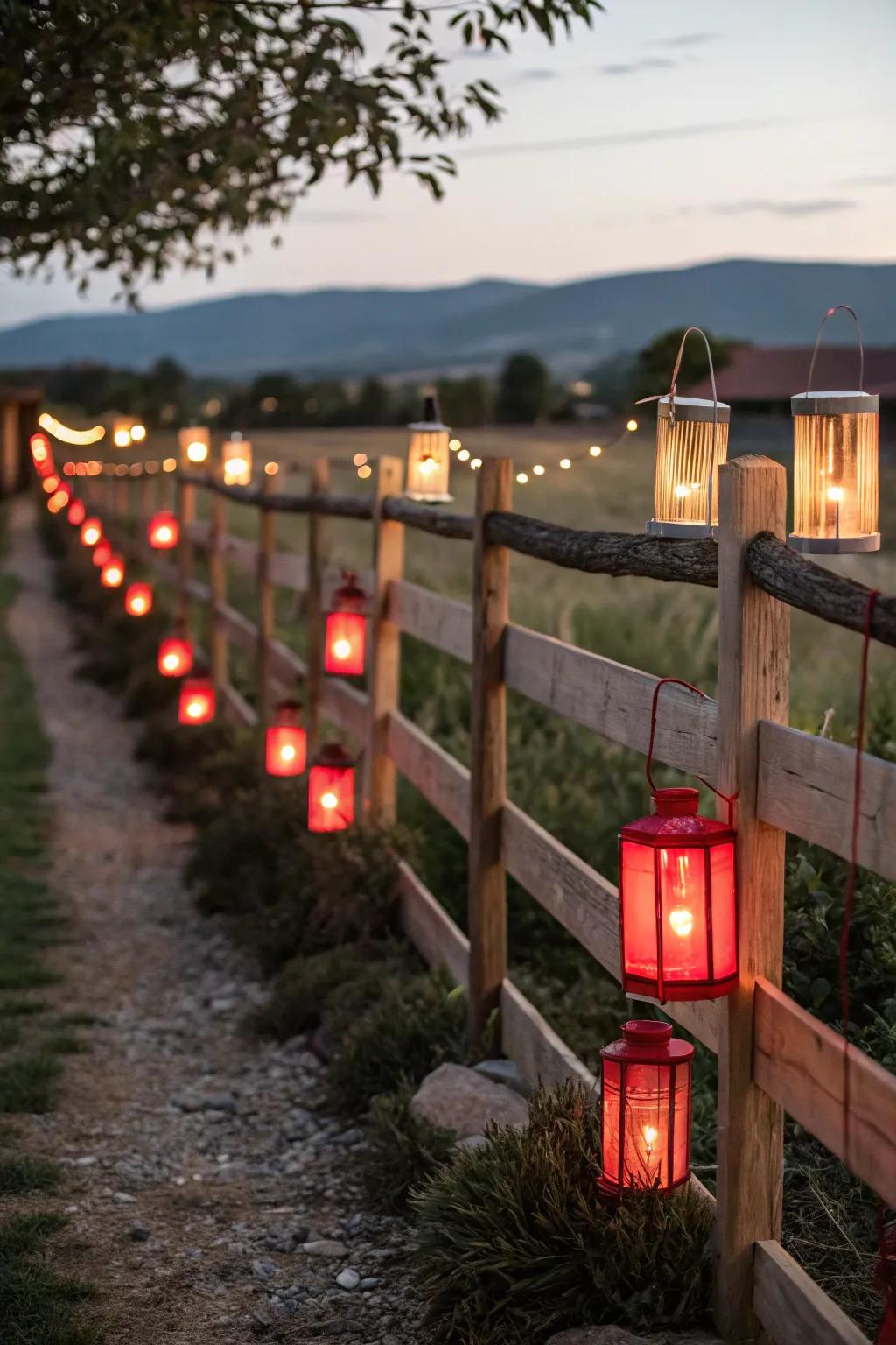 Lanterns filled with candles cast a warm luminescence on the fence.