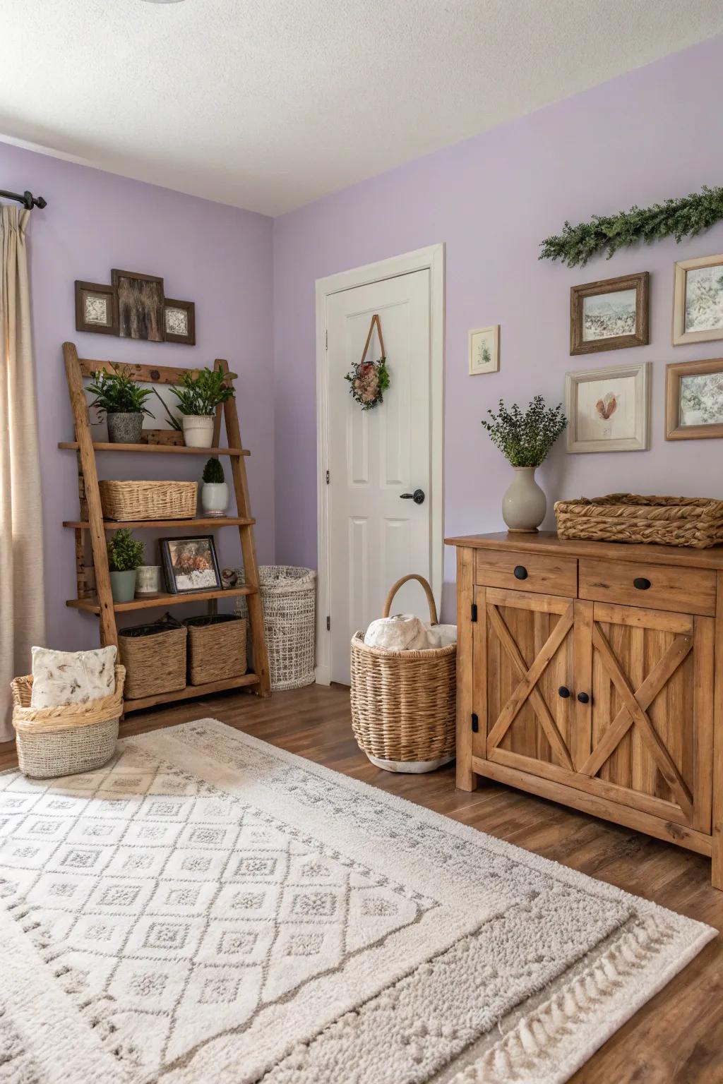 Light lavender walls offer a fresh, airy feel to this farmhouse space.