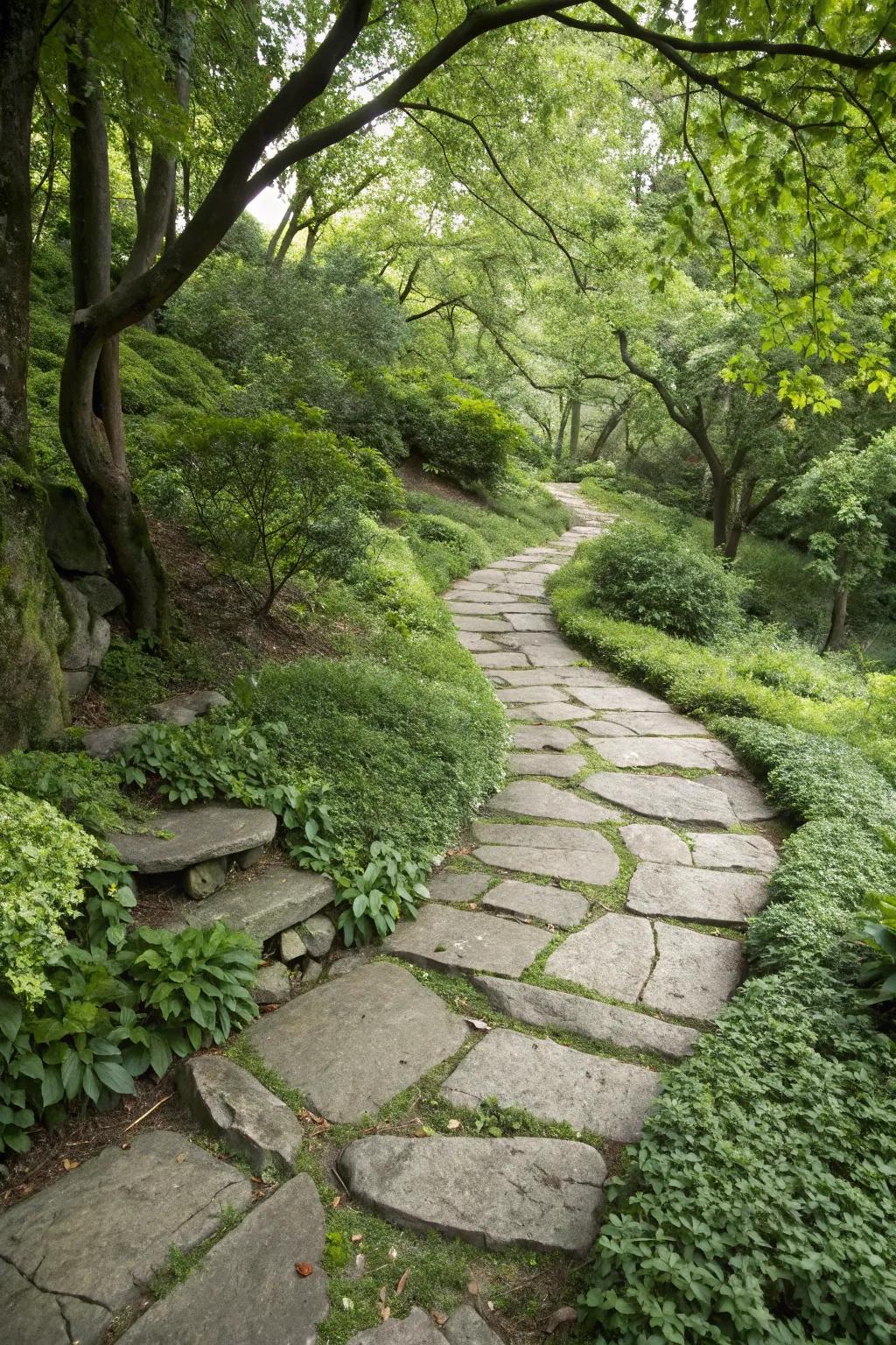 A naturally integrated cobblestone path that complements its backdrop.
