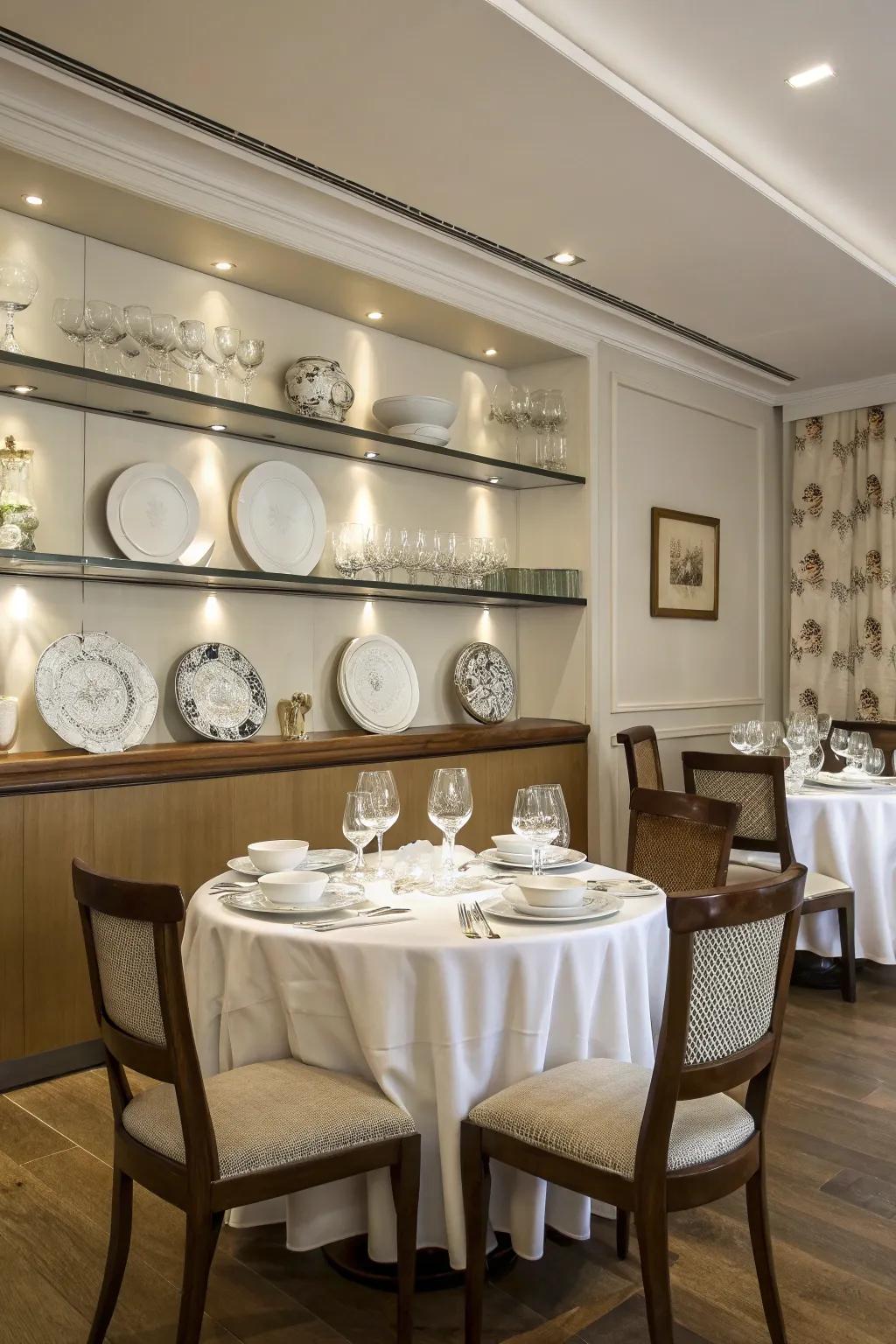 Floating shelves appending elegance to the feast hall.
