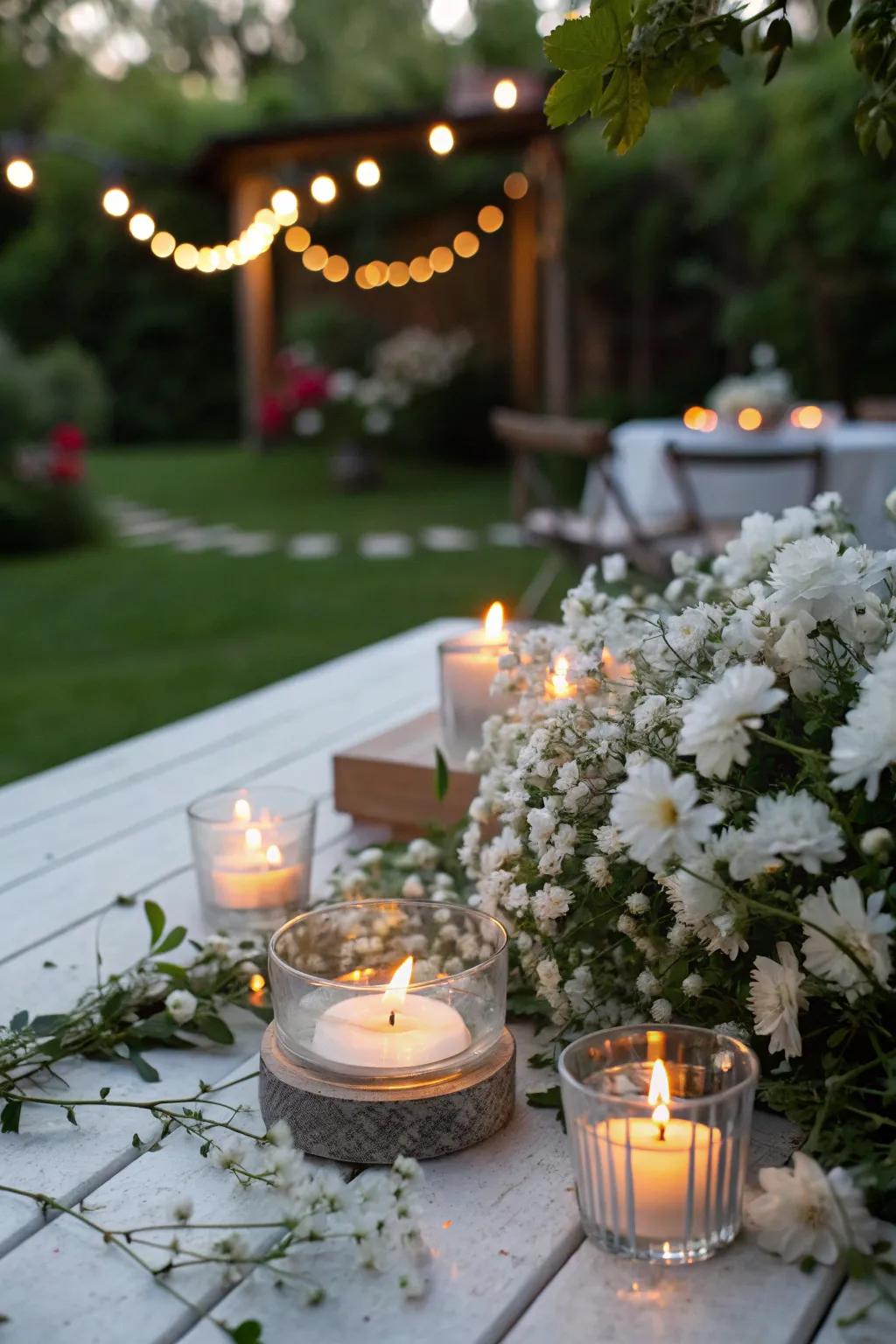 White flowers enhancing tea lights for outdoor gatherings.