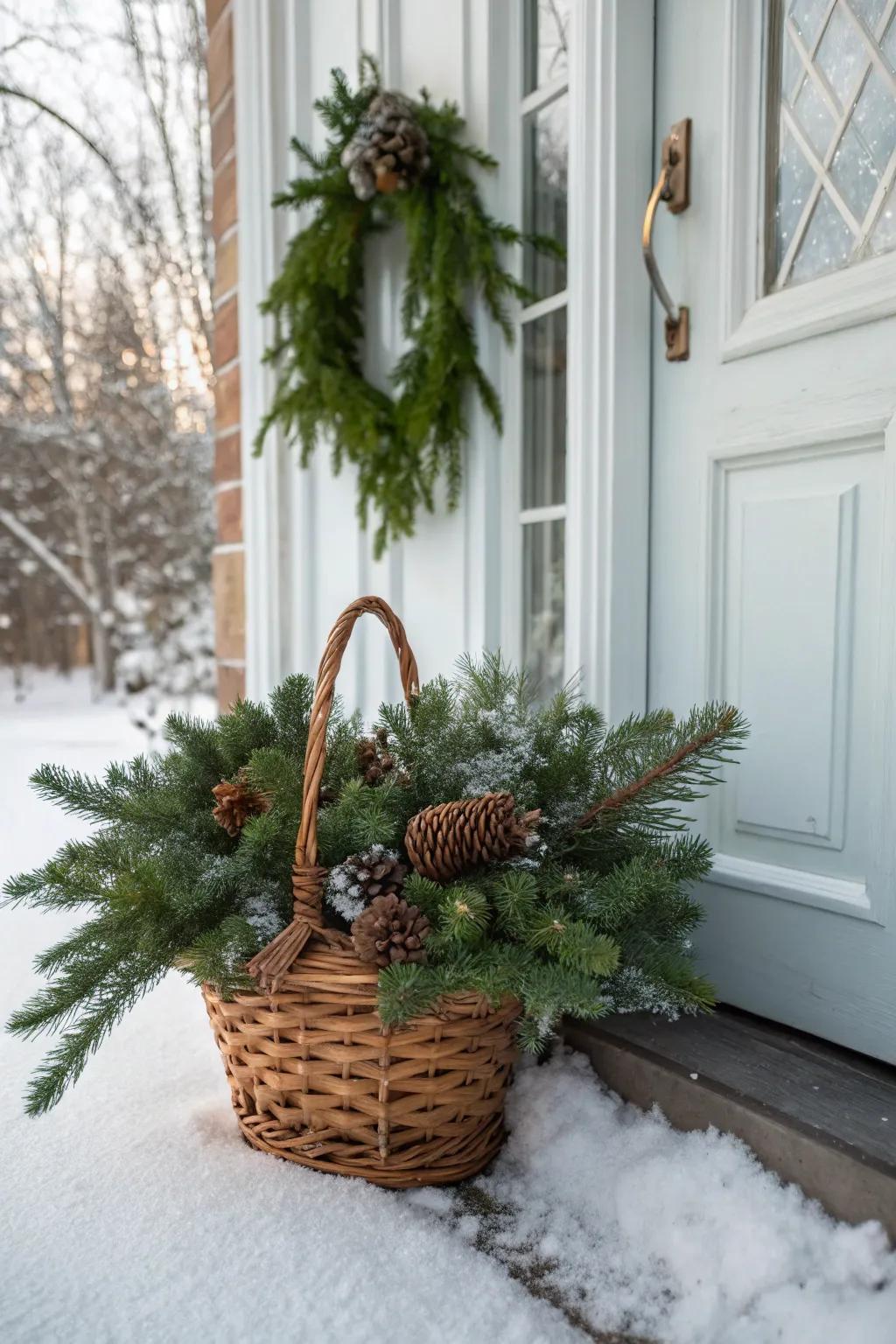 Evergreens and pinecones offer a timeless winter look.