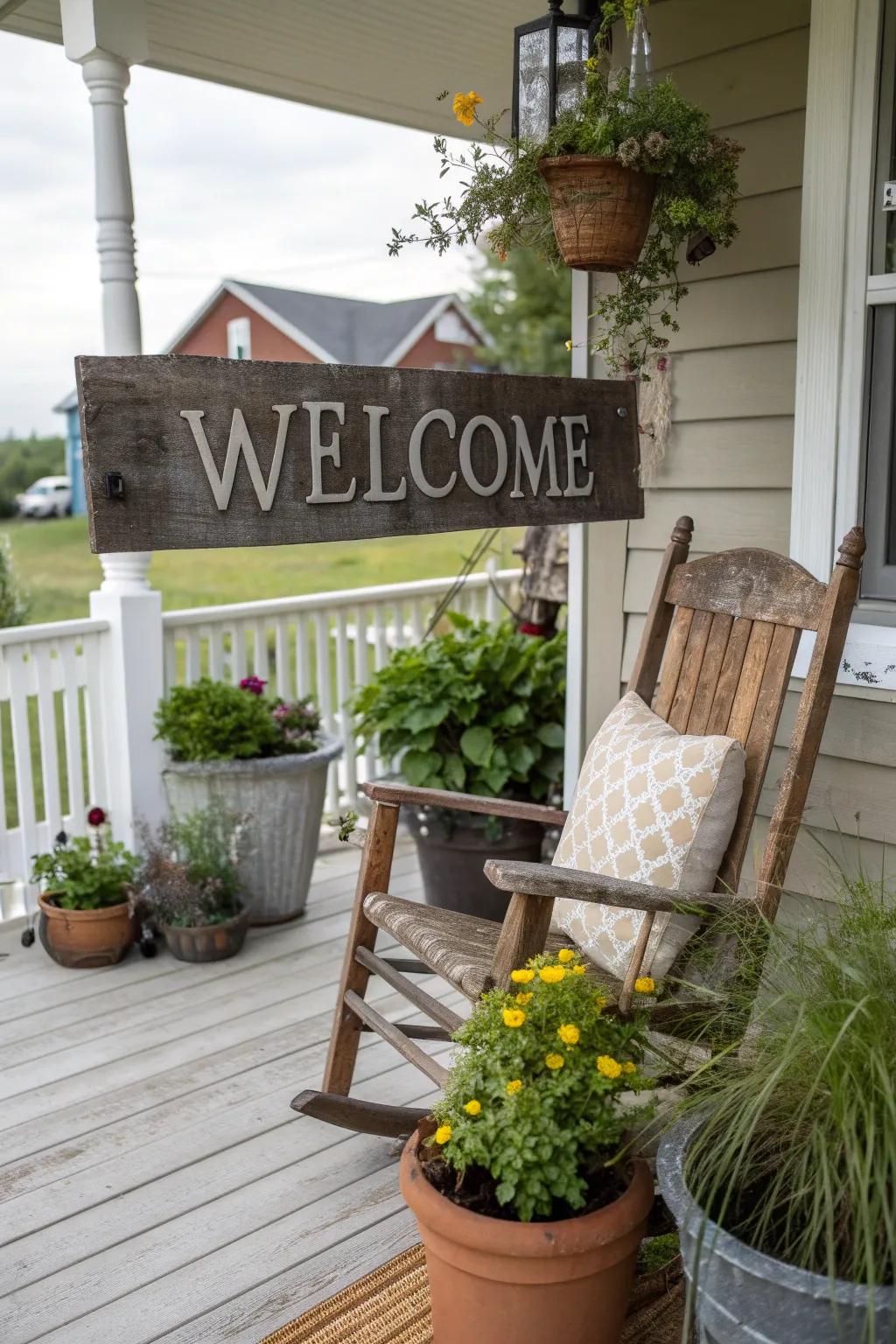 A wooden sign shows a welcome message.