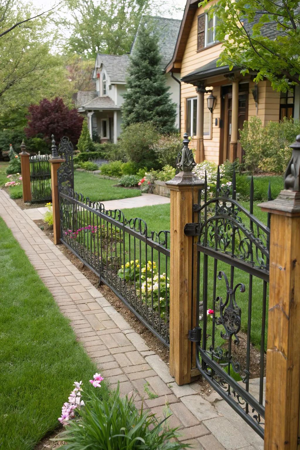 A wrought iron fence combined with wooden elements for a natural feel.