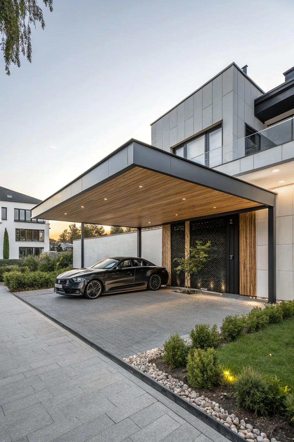 A contemporary levered addition contributes bold style to the garage.