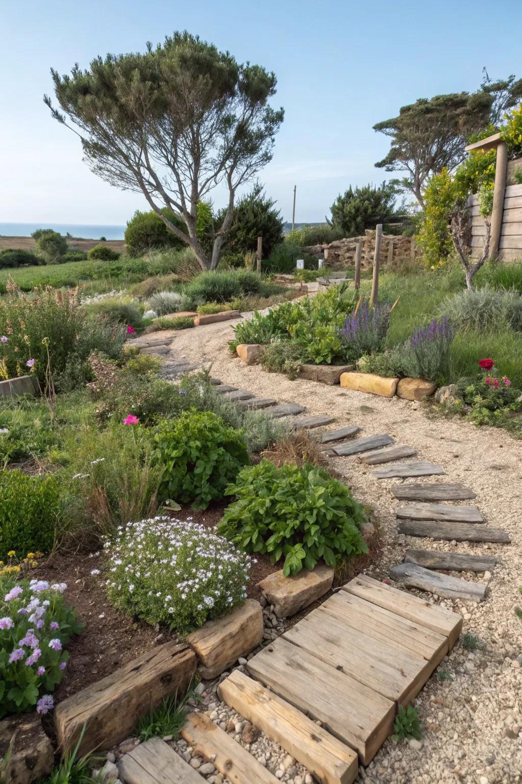 A garden that integrates beauty and sustainability through the use of eco-friendly materials.
